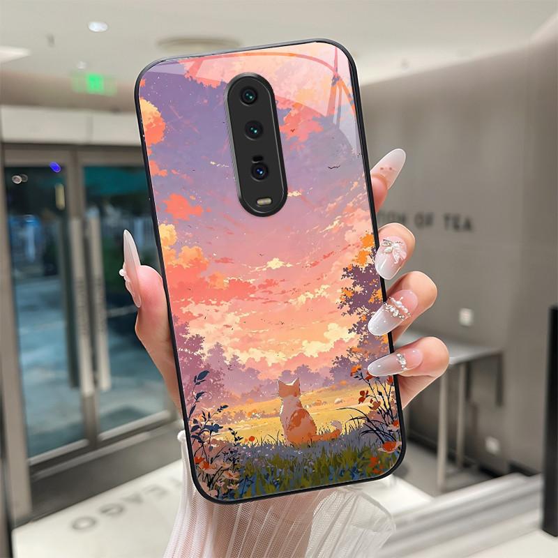 Cute Cartoon Cats Flower Case For Xiaomi Mi 9T Redmi K20 Pro Poco F2 Tempered Glass Phone Case Protective Back Cover Hard Shell