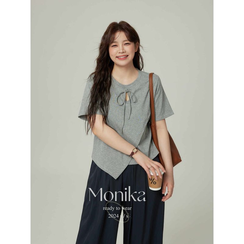 

2024 Irregular Hollow-out Bows Bottoming T-shirt Gray XL