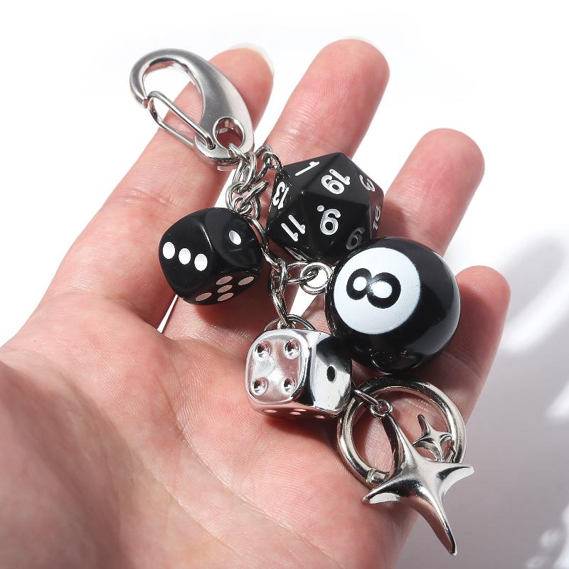 Hiphop Dice Billiards Keychain Y2K Black Dice No. 8 Starburst Pendant Bag Charms Hangings Punk Cool Ornament Accessories