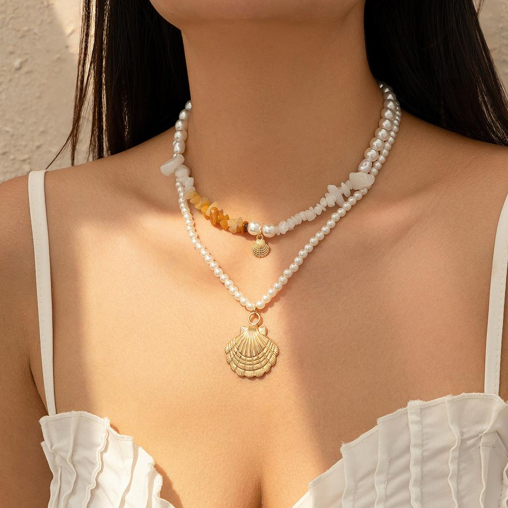 Ocean Wind Shell Conch Fringed Multi-Layer Necklace, Stacked With Soft Pottery Pieces Starfish Necklace Women