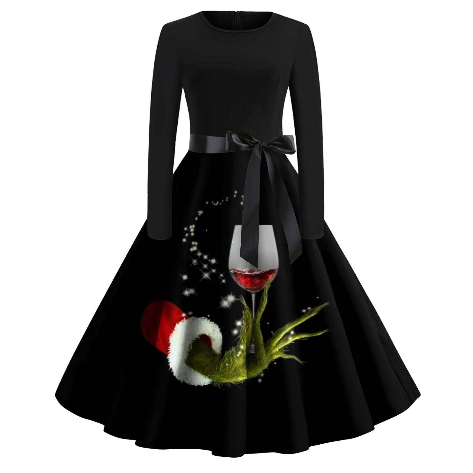 

Женское модное повседневное платье с круглым вырезом и рождественским принтом и длинными рукавами XXL чёрный