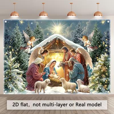 2D Heilige Familie Kerststal Wandkleed Doek Besneeuwd Bos Woonkamer Dec