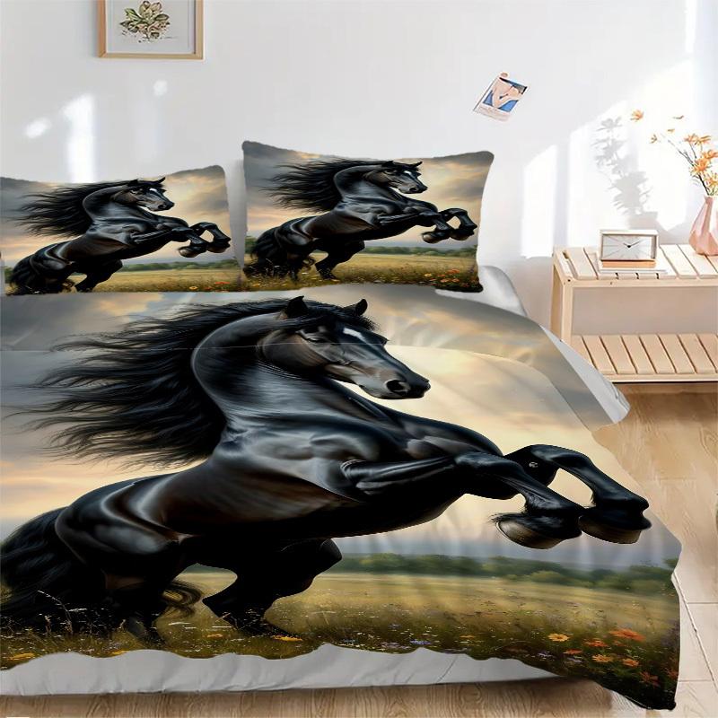 

3pcs Black Stallion Horse Bedding Set - 1 Duvet Cover + 2 Pillowcases(Core Not Included), Machine Washable Polyester yy251216193 135x200cm