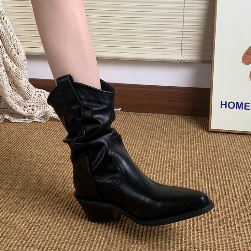 Soft leather version! Coarse heel short boots women's pointed thin pleated piled boots retro Maillard Martin boots