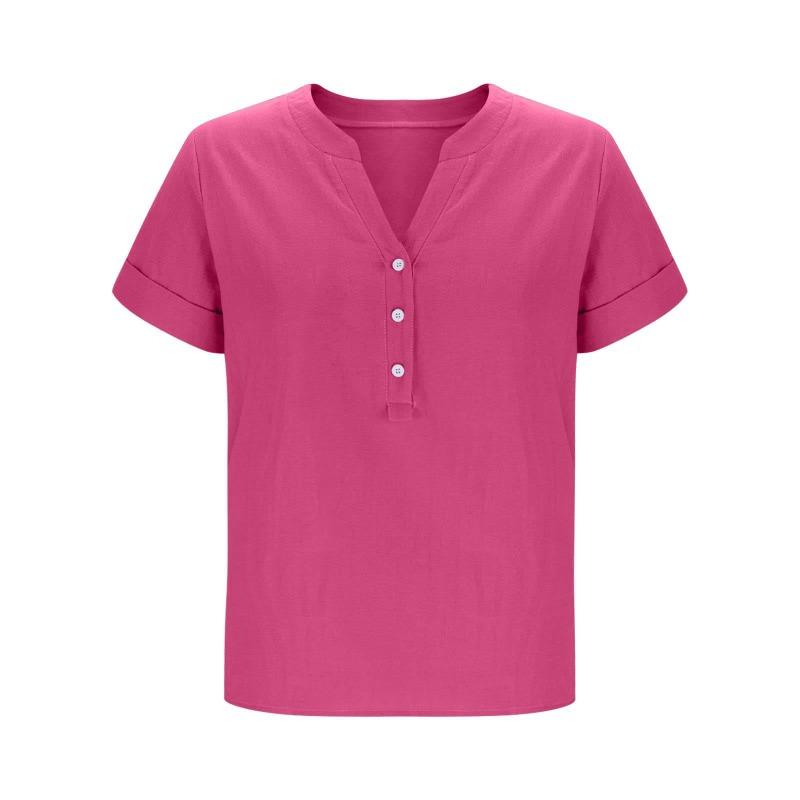 Spring Summer Top Button Up Shirt Casual Loose Top Solid Color Short Sleeved V-neck Top T Shirt