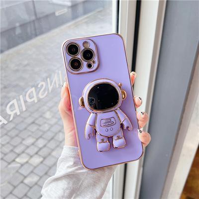Luxury Astronaut Folding Stand Phone Case For iPhone 11 12 Mini 13 14 15 Pro Max X XR XS Plating Bumper On 7 8 Plus Holder Cover
