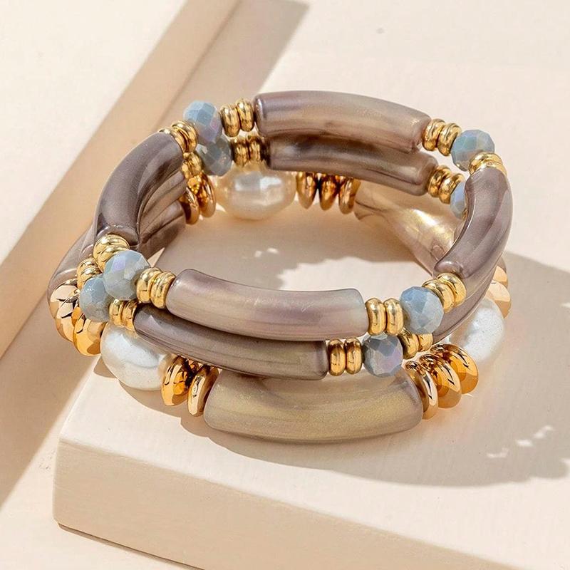 3PCS Set Vintage Design Resin Elastic Bracelet Blue Bamboo Gold Color Spacer Pearl Bracelet Pink Green Coffee Color Option