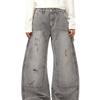 Mens Vintage Washed Grey Splatter Paint Wide Leg Denim Pants Loose Fit Straight Cut Low Rise