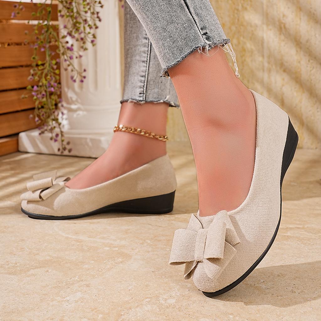 Damen Plus Size Keilschuhe mit Schleife Minimalistische Niedrig geschnittene Arbeitsschuhe Runde Spitze Keilabsatz