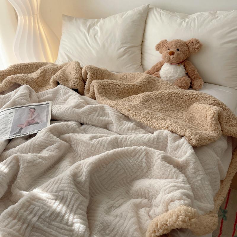 Half Side Jacquard Rabbit Fur Blanket Autumn Winter Thickened Warm Fleece Blankets for Bed Fluffy Soft Plush Sofa Throw Blanket