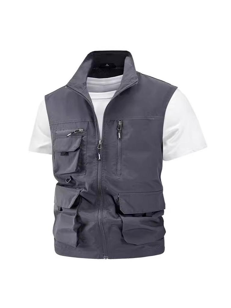 Men's Waterproof Quick-Dry Multi-Pocket Outdoor Photography Vest with Breathable Stand-Up Collar