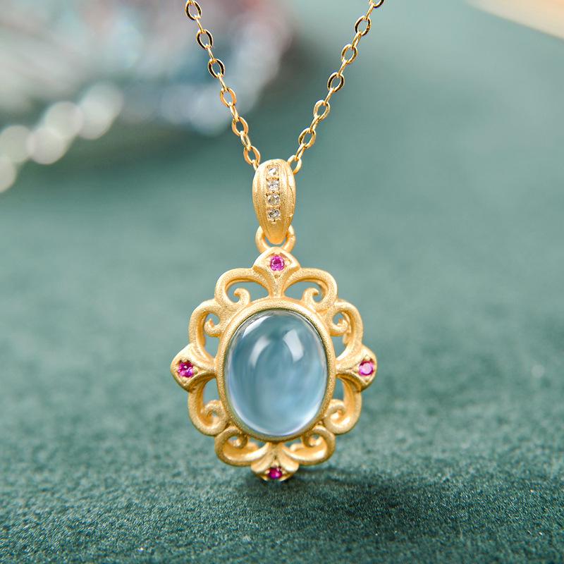 

Aquamarine Openwork Pendant with Imitation Hetian Jade & Blue Zircon on Clavicle Chain Jewelry Pendant Only