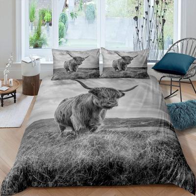 Funda Nórdica de Vaca de las Tierras Altas con Flores Tamaño Queen Set de Ropa de Cama de Toros Animales Decoración de Dormitorio Occidental Divertido Juego de Fundas para Edredón