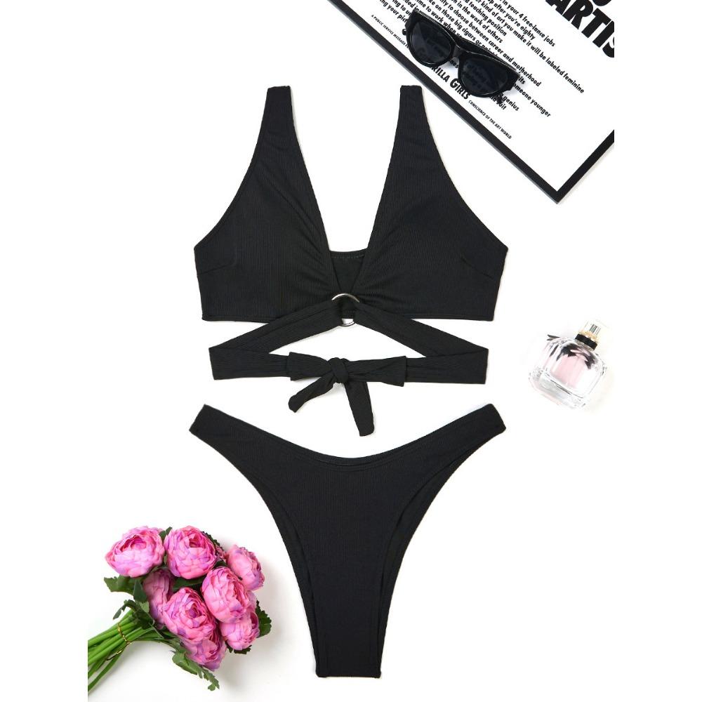 European and American Solid Color Ring Small Pit Strip Bikini Sexy Swimsuit