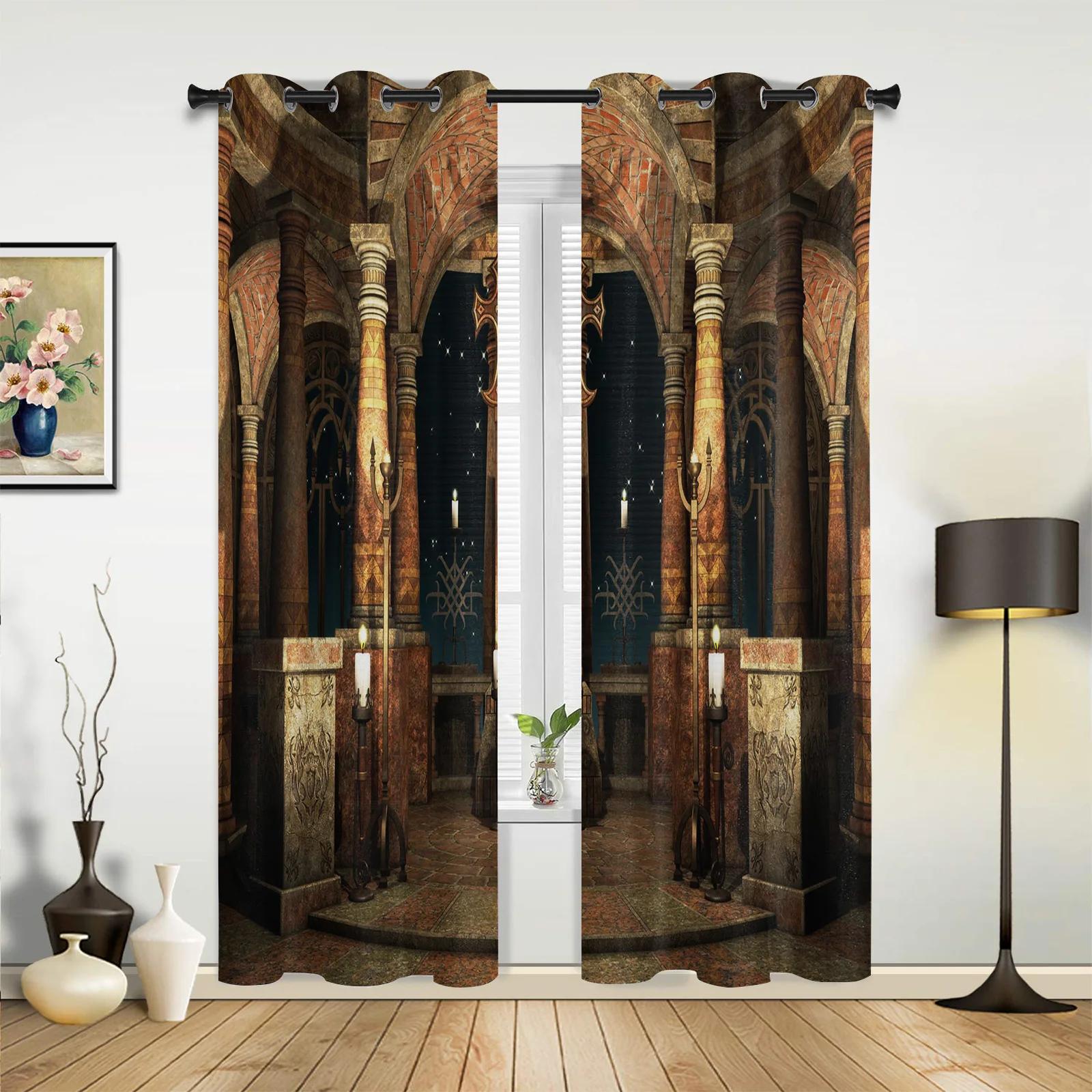 

Modern Moroccan Medieval Vintage Door Curtains Bedroom Living Room Drapes Kitchen Children Window Curtain Home Decor Polyester Ideal For Sitting W100*H130(CM)-Rod Pocket&2PCS