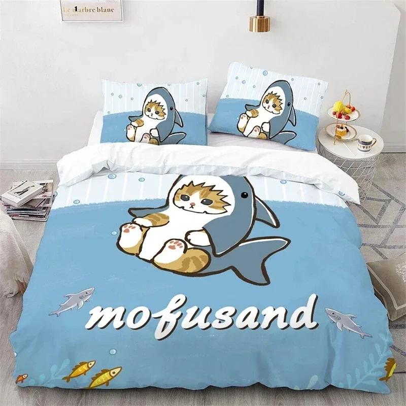 Cute Kitten Duvet Cover Pillow Case Mofusand Anime Shark Cat Bedding Set Single Double Queen Size Teen Gift Room Decor 3PCS set