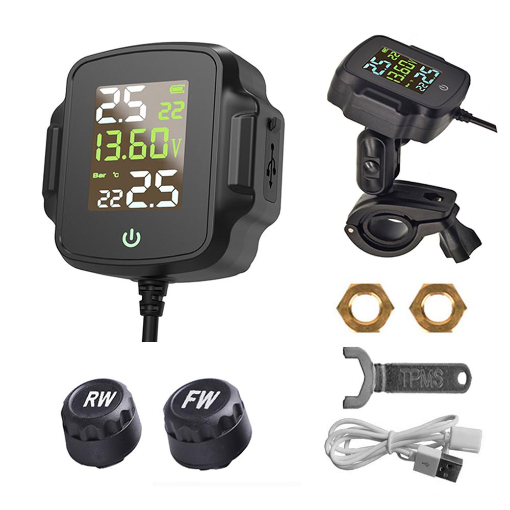 Systém monitorování tlaku v pneumatikách motocyklu Bezdrátový TPMS s USB nabíječkou Quick Charge 3.0 pro telefon se 2 externími senzory
