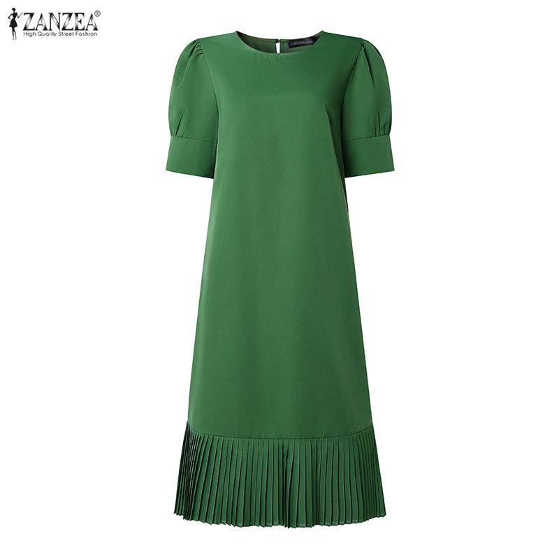 ZANZEA Women Casual Round Neck Solid Color Half Sleeve Dress