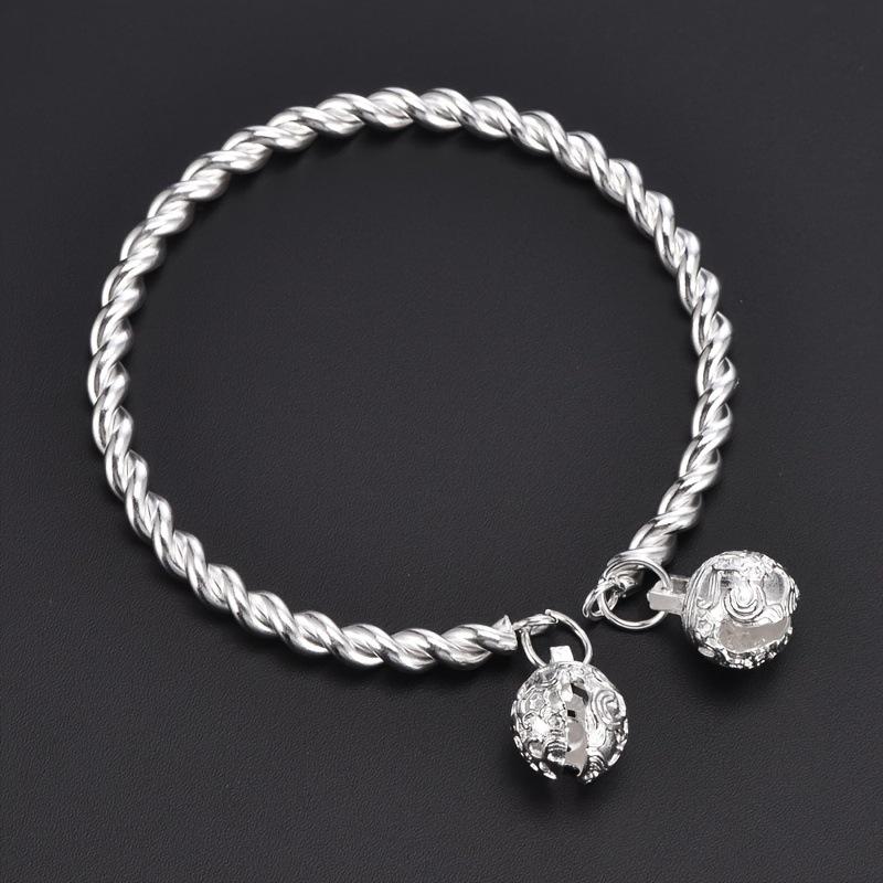 Ancient Style Bell Bracelet: Twisted Wire Bangle with Double Palace Bells for Women & Couples