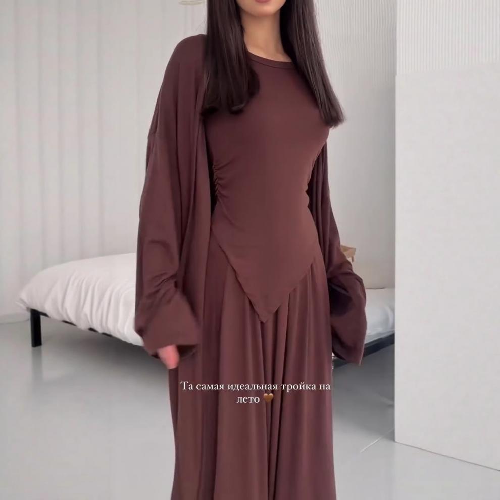 2025 Autumn Versatile Headscarf, Short Sleeve, Midi Skirt Three-piece Set