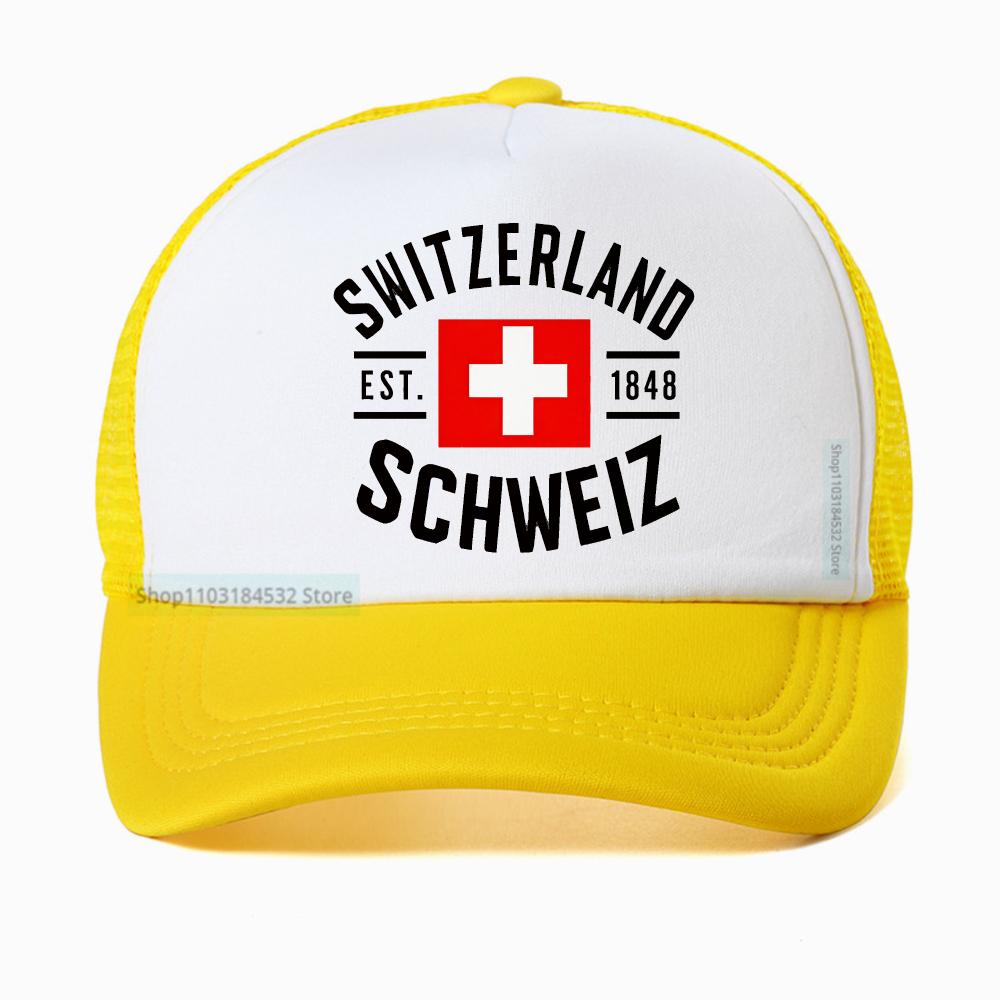 Casquette de baseball en maille respirante motif drapeau suisse pour homme et femme, chapeau trucker d'été, snapback réglable