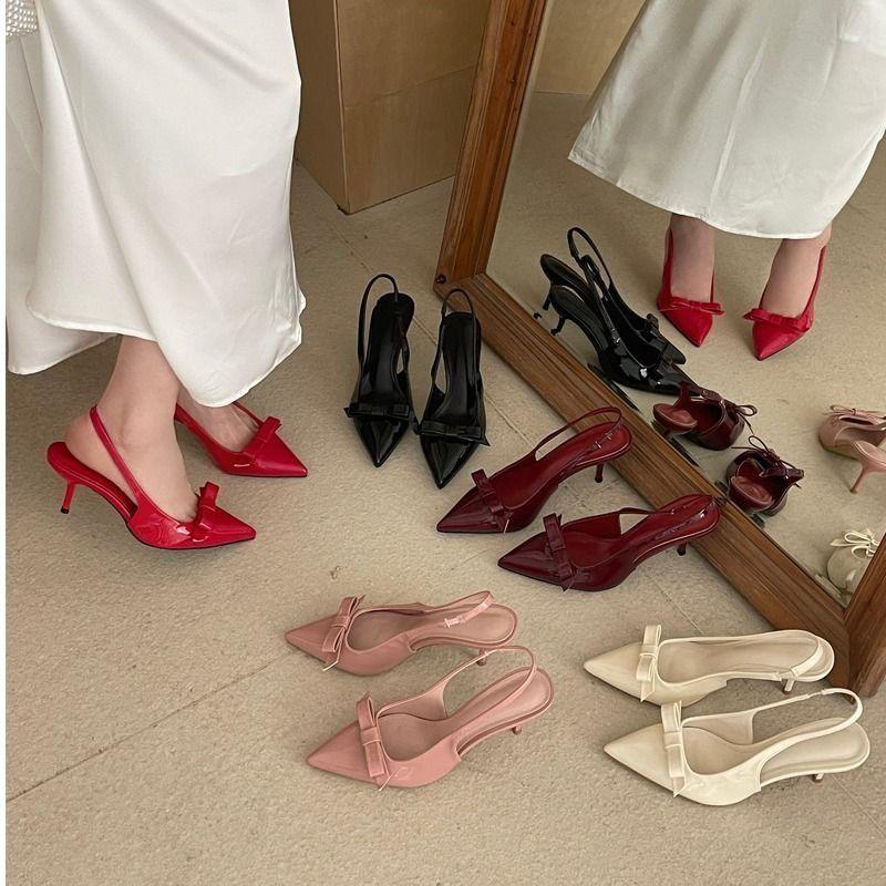 Patent leather bow pointed single shoes French medium high heel red bag head sandals fairy shoes spring and summer new models
