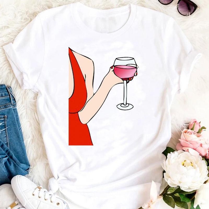 Womens Fashion Wine Glass Print Trendy Womens Base Layer Halfsleeved Womens Wear Shortsleeved Women Tshirt for Summer