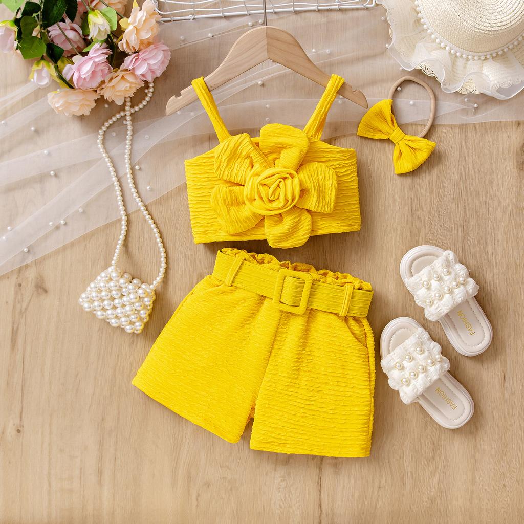 Girls' Fashionable Set Summer Children's Multi-color Three-dimensional Flower Halter Top + Shorts + Headwear