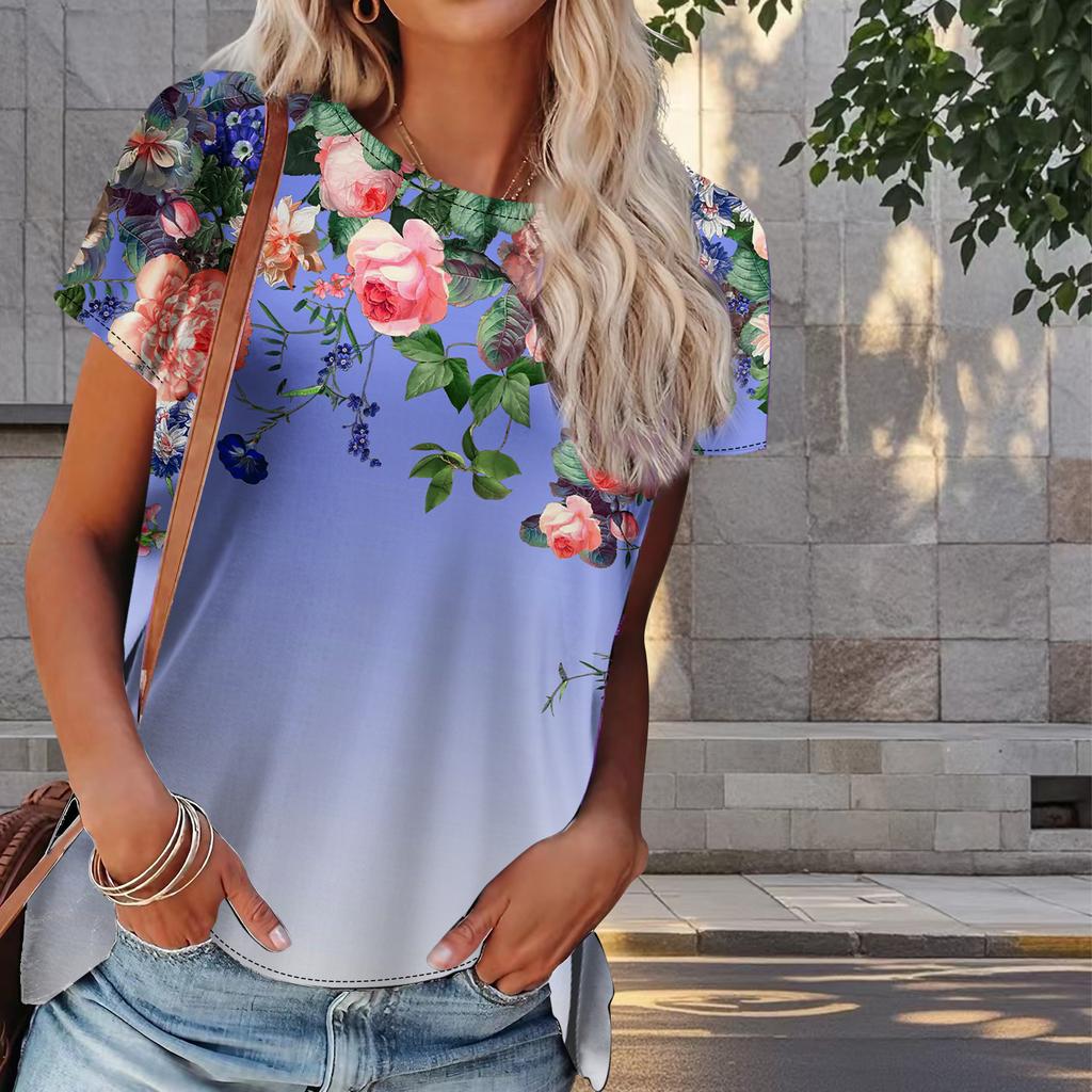 Women Summer T Shirt Flower Print Retro Fashion Short Sleeve Tees Casual   Printed  Tops