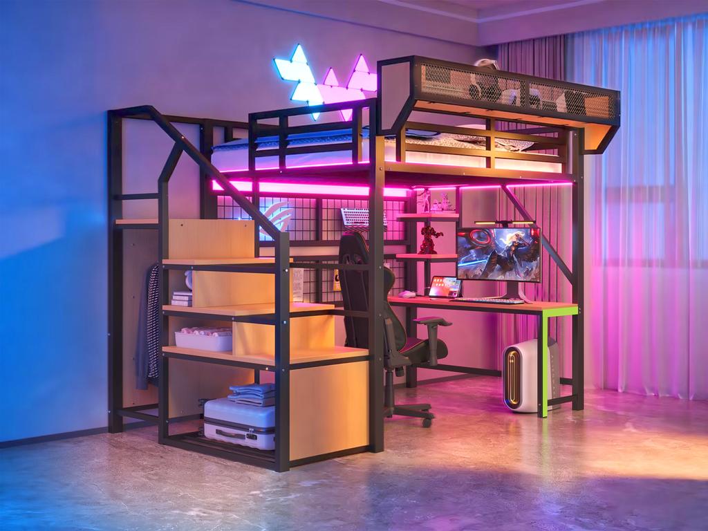 Metall-Hochbett 140 × 200 cm, Mit Schreibtisch, Regal und Netz, Komplett mit Sicherheitsleiter, LED-Beleuchtung und Steckdose, Erhöhte Bettreling, Schwarz