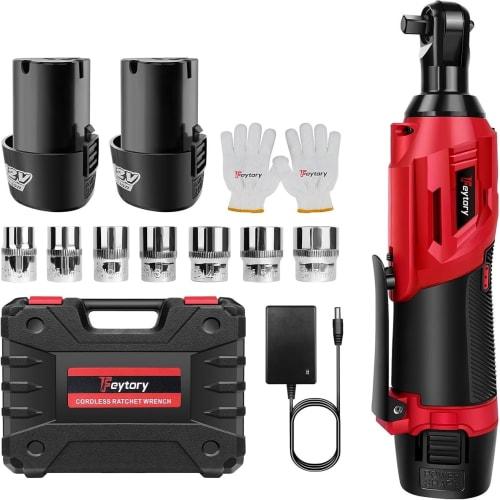 DayPlus Cordless Electric Slim Ratchet, 3/8" (9.53mm) Copper Core Motor, Compact Design, 40Nm Powerful Torque, Includes Two 12V 1.5Ah High-Capacity Ba