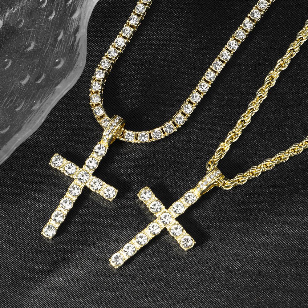 Hip Hop Cross Pendant Layered Necklace, 4mm Rhinestone Tennis Chain Set for Men Women