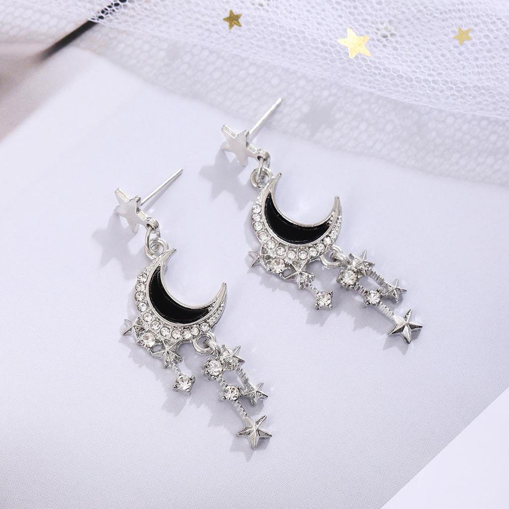 Silver Needle Korean Luxury Moon & Star Diamond Tassel Earrings
