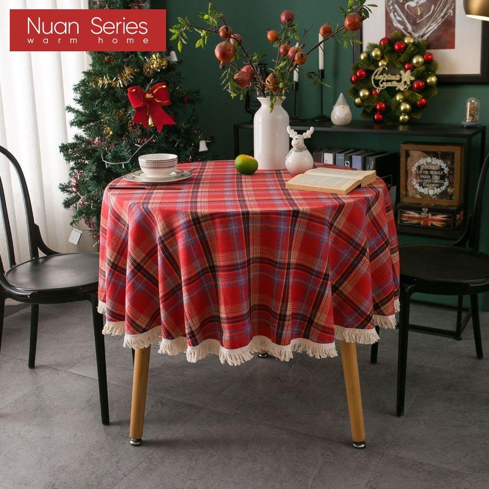 1PC Nuan Series Christmas Plaid Printed Tassel Edge Table Cloth Retro Party Decoration Table Cloth for Kitchen Dining Table Coffee Table Home Decor