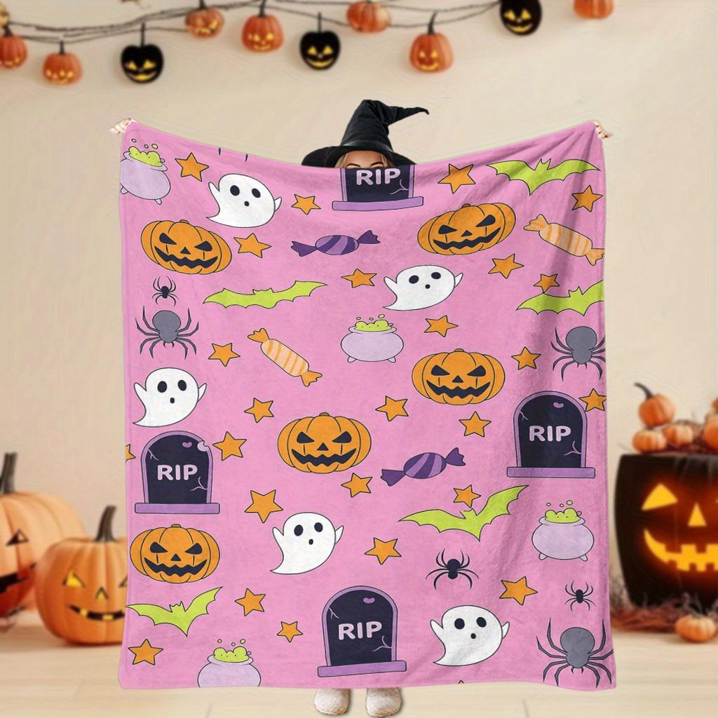 1pc Halloween Blanket with Ghosts, Bats, Pumpkins & Tombstones - Soft Pink Purple Orange Yellow Flannel Throw for Couch, Bed