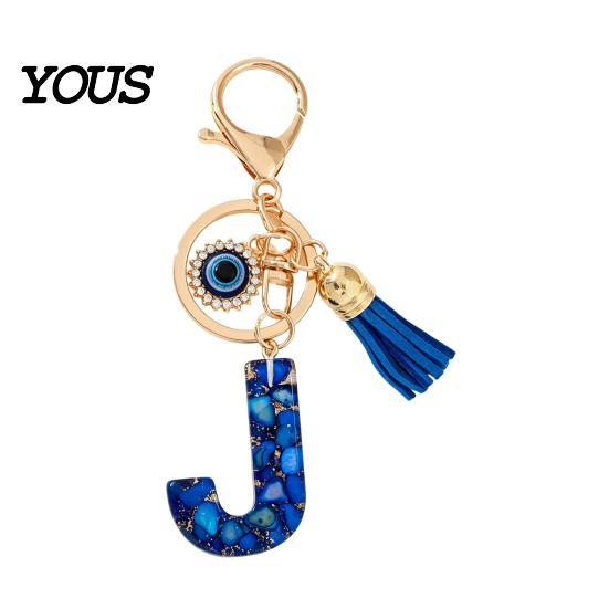 Blue Series Keychain Pendant Pendant, Initial Letter Charm Key Chain with Eyes Portable Organizer Tassel Design, A-Z Holder for Bags Backpacks