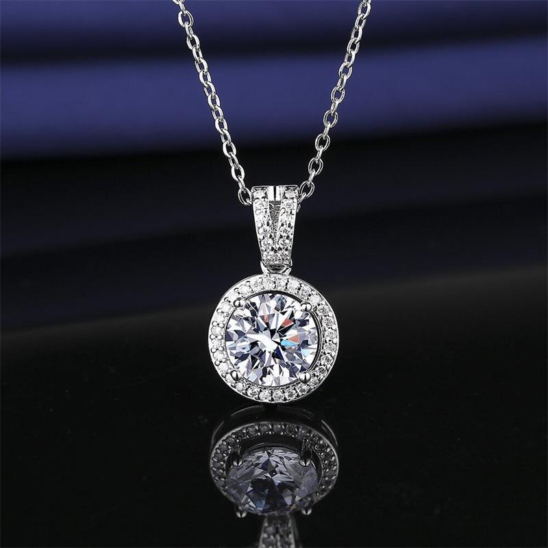 6.5mm S925 Sterling Silver Round Halo Pink Moissanite Pendant Necklace Fine Jewelry For Women