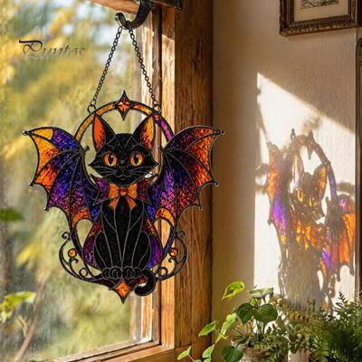 Roztomilý dárek s tématem zvířat Halloweenský netopýr Kočka Lapač slunce, Akrylový lapač slunce ve stylu vitráže, Černá závěsná gotická ozdoba na stěnu do domácnosti na okno