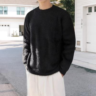 Autumn Winter Men Sweater Loose Thick Knitted Fuzzy Solid Color Round Neck