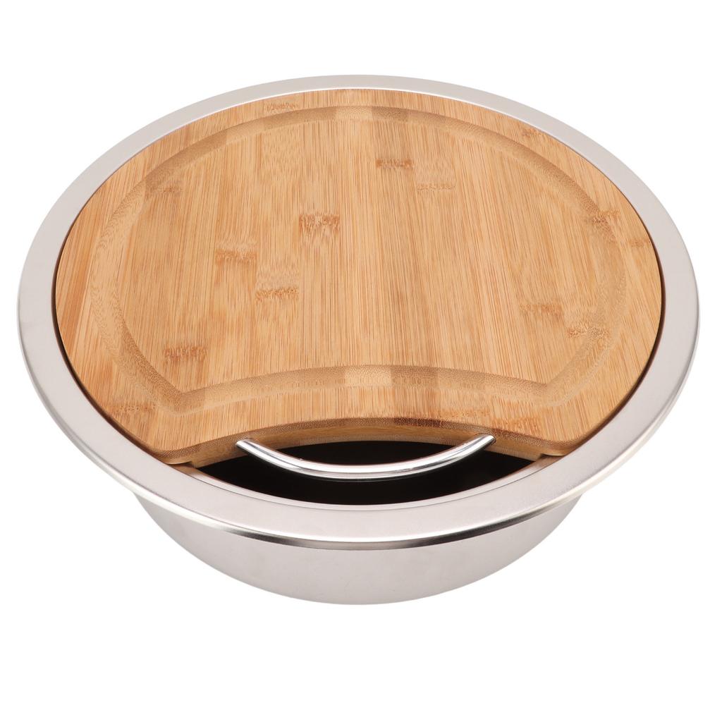 360x120mm 14.17x4.72in RV 304 Stainless Steel Sink Round Hand Wash Basin Sink with Bamboo Chopping Block for Boat