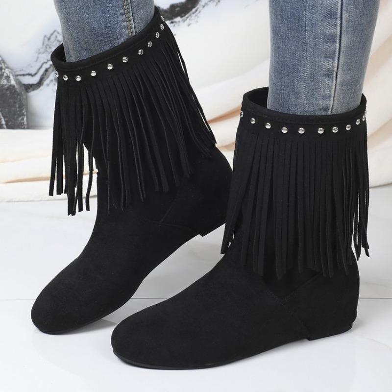 New Large-sized Shoes, Rivet Boots, Women's Round-toed Insole Height-increasing Thin Mid-calf Boots