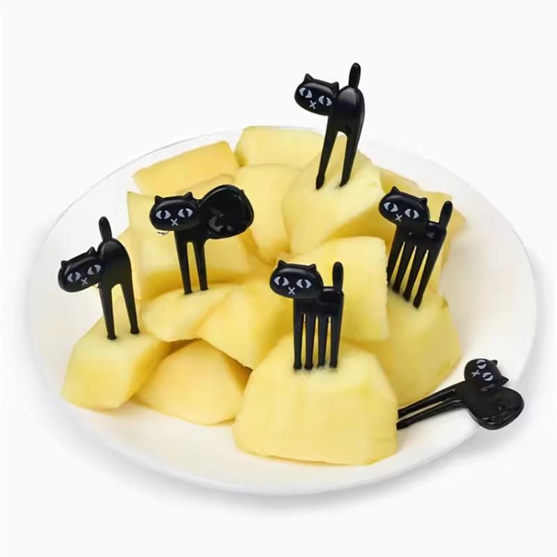 6pcs/Set Black Cat Fruit Fork Mini Cartoon Snack Cake Dessert Food Forks Bento Lunches Accessories Kitchen Utensils For Children