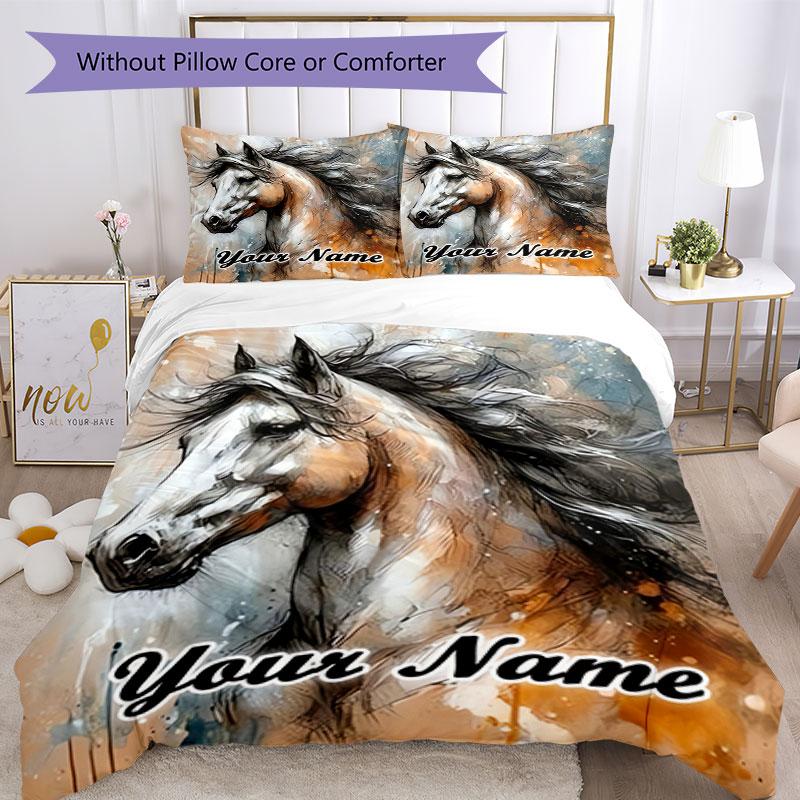 3PC Custom Name Equestrian Artistry Bedding Set Duvet Cover Closure Includes 1 Duvet Cover & 2 Pillowcases for Bedroom