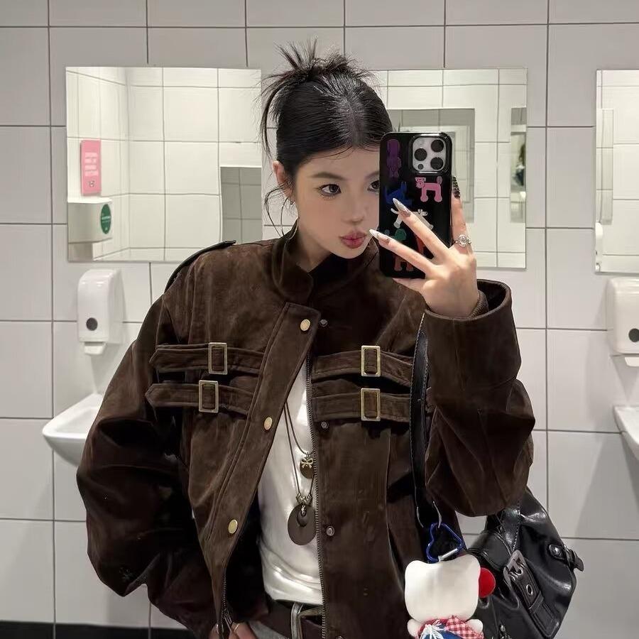 Damen Hirschlederjacke Kurzer Mantel Herbst Neu Koreanischer Stil High-End Lockerer Oberteil für zierliche Frauen Oberbekleidung