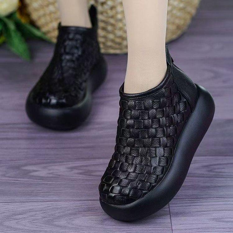 Foreign Style Thick-soled Woven Pattern New Martin Boots Women's 2025 Autumn and Winter Round Head Retro Height-increasing Short Tube One-pedal Leathe