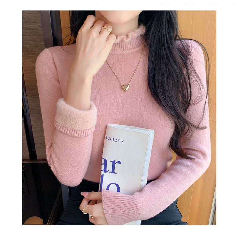 Womens Soft Knit Half Turtleneck Sweater Solid Color Faux Mink Yarn Long Sleeve Base Layer Top