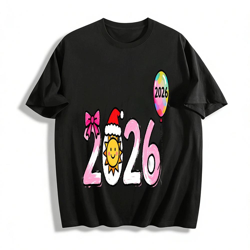 

2026 New Year Christmas Kids Top Cute Sun Balloon Bow Print Tee Pure cotton T-shirt XXS