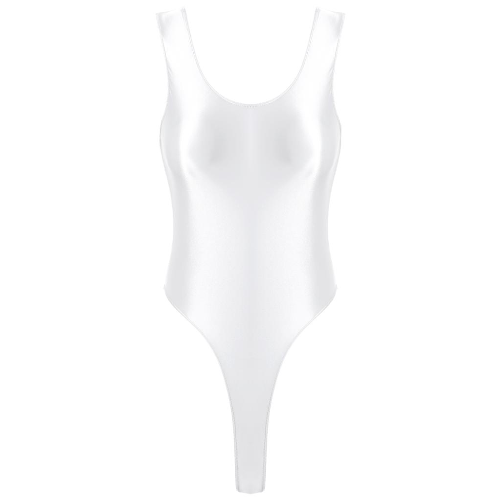 Women Glossy Sleeveless High Cut Tights Bodysuit Swimsuit One-piece Bathing Suit Stretchy Leotard Jumpsuit