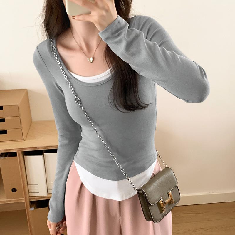 

Длинный рукав Женская холодная базовая теплая рубашка Осенняя ложная футболка из двух частей Цветная блокирующая нижняя рубашка Женская тонкая круглая горловина Топы для улицы M светло-серый