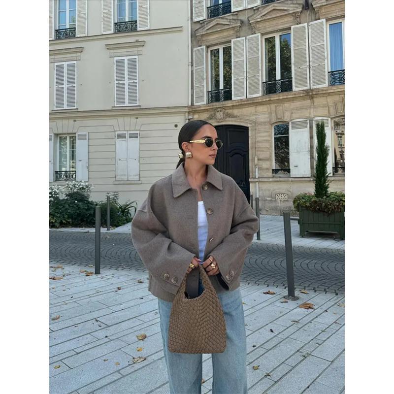 Grey Turndown Collar Single Breasted Coats for Women Elegant Long Sleeves Thick Wram Jacket Fashion Commute High Street Jackets